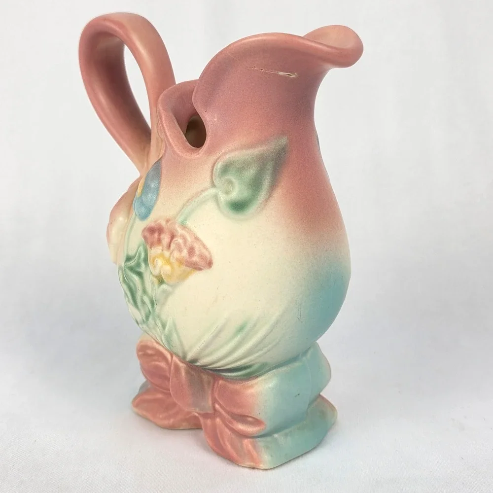 Hull Art USA Pottery‎ Pitcher Vase Flowers Bow Pink Blue Cream 6.25" Cracked - Picture 3 of 14